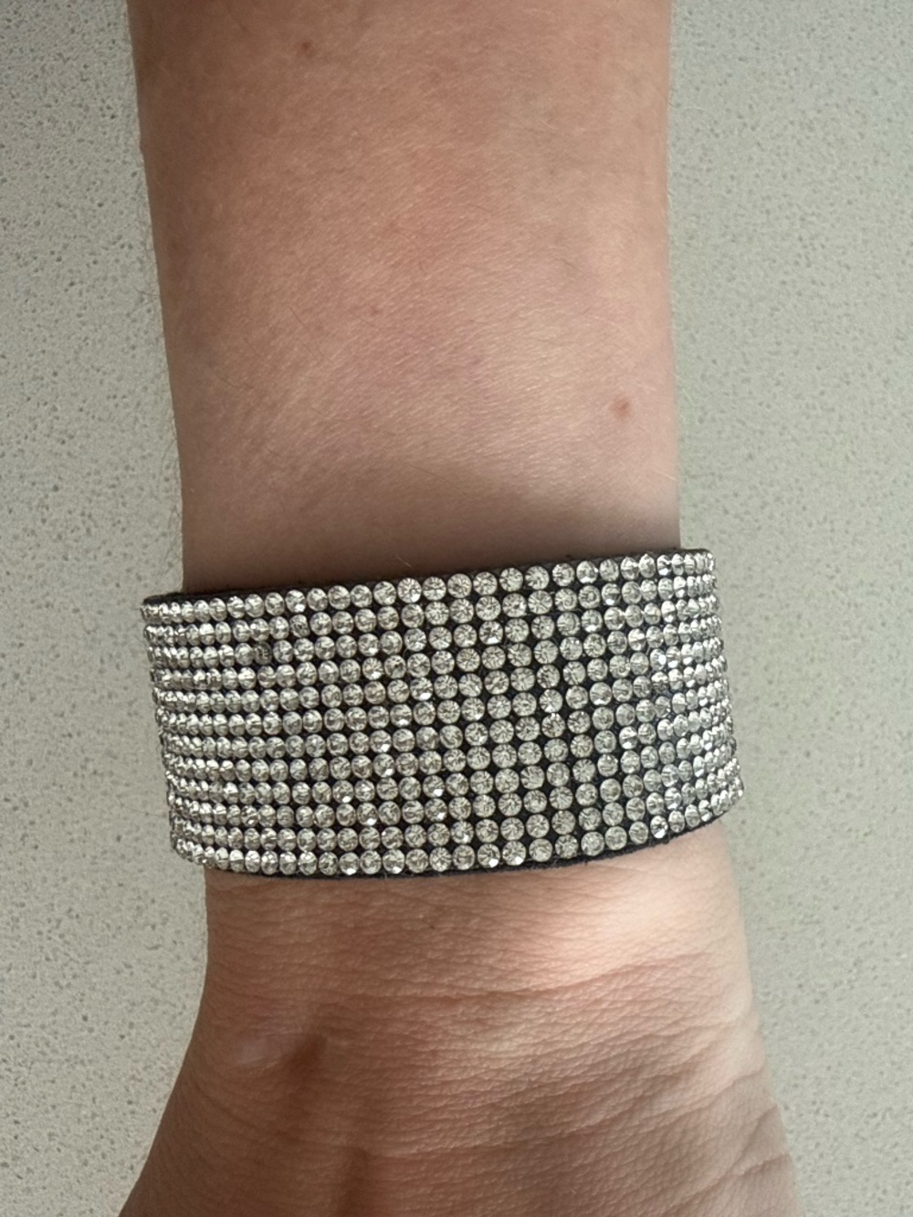 Silver Rhinestone Wrap Snap Bracelet Cuff Black Faux Suede
